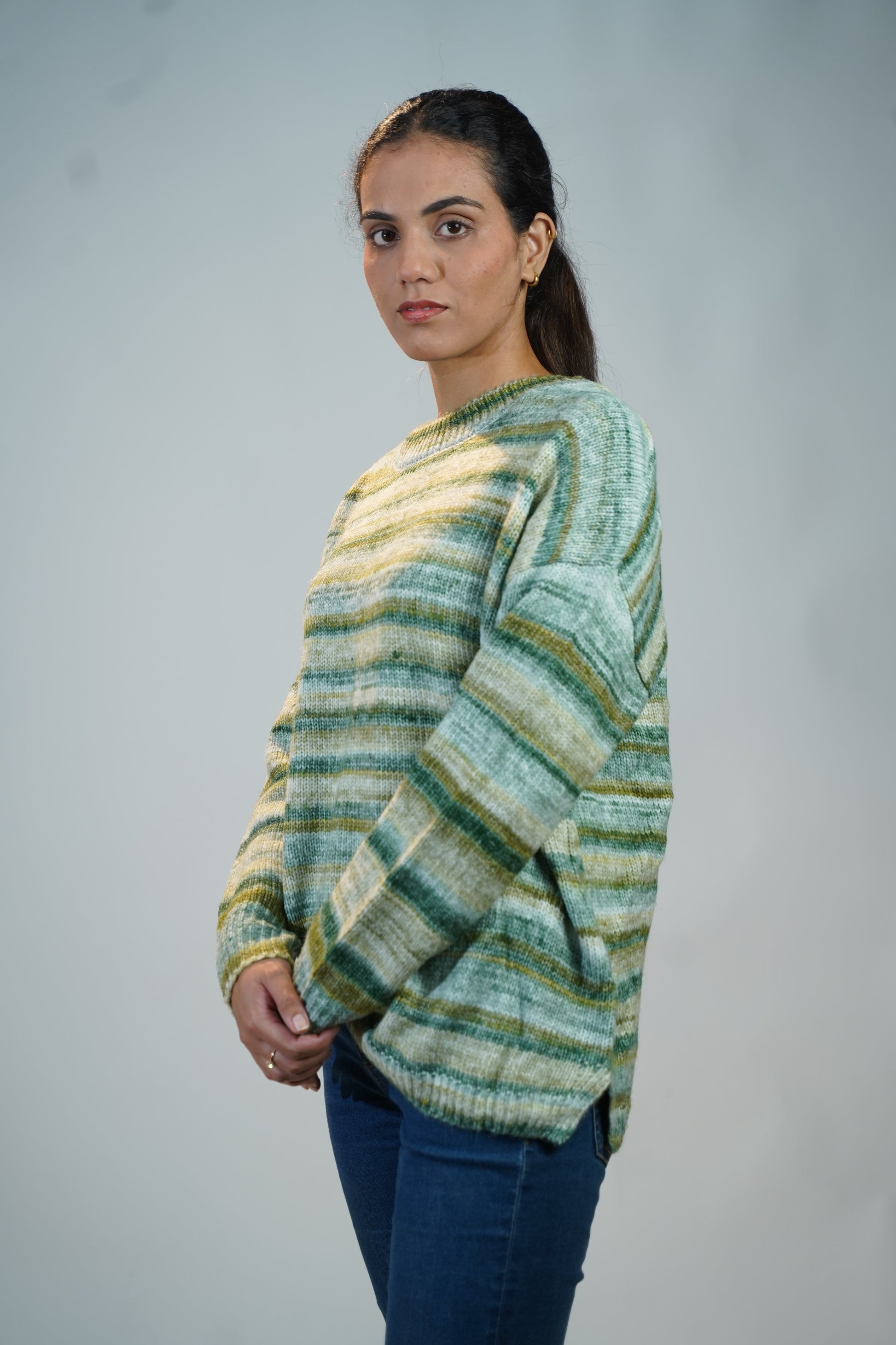 Multicolour Striped Baggy Sweater Green