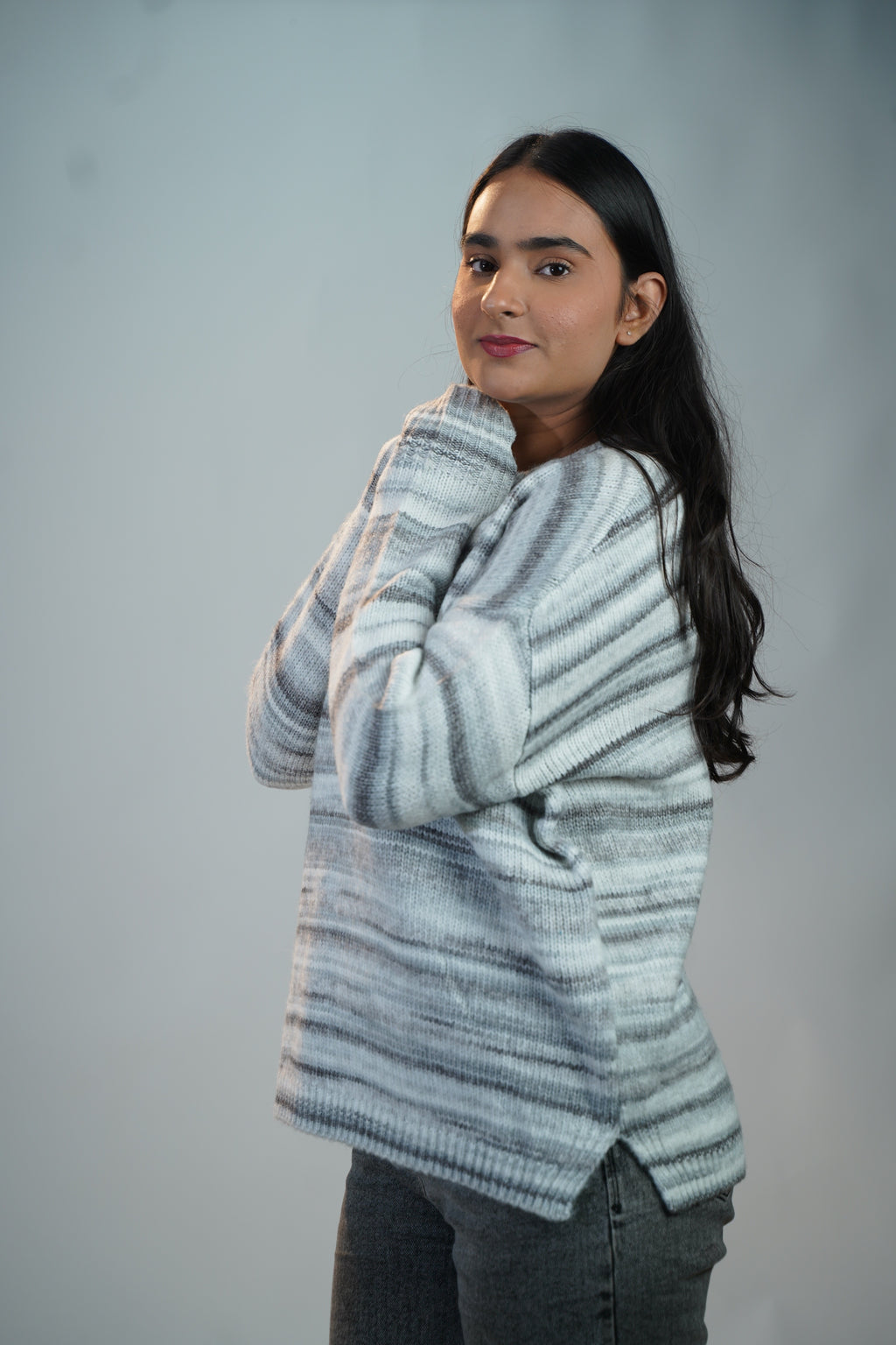 Multicolour Striped Baggy Sweater Grey