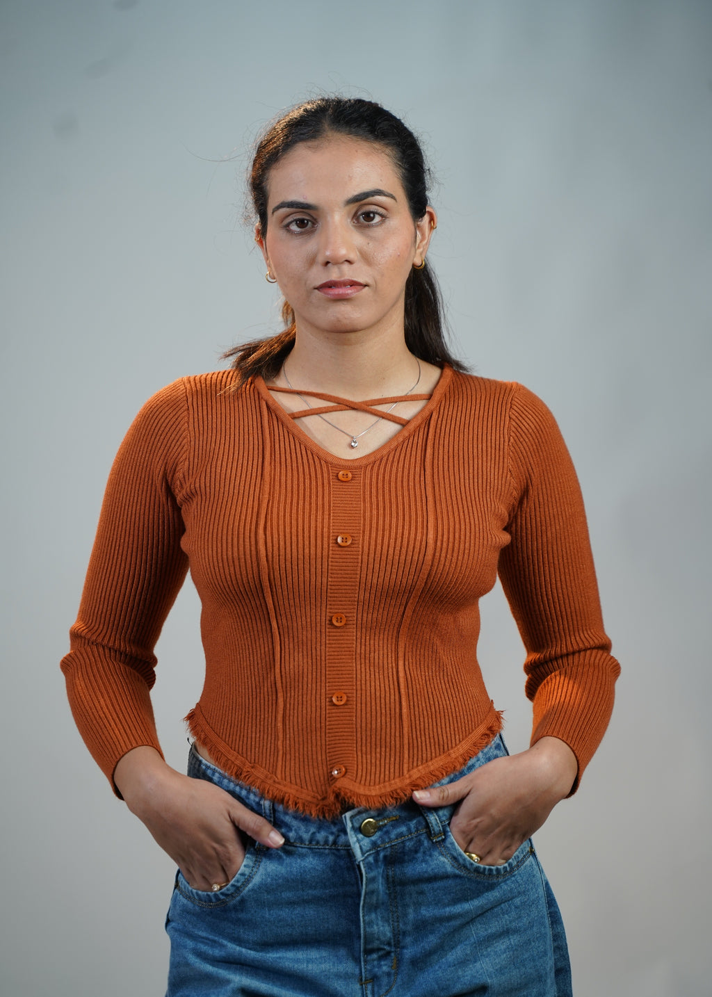 Criss-Cross Neck V-Hem Top Orange