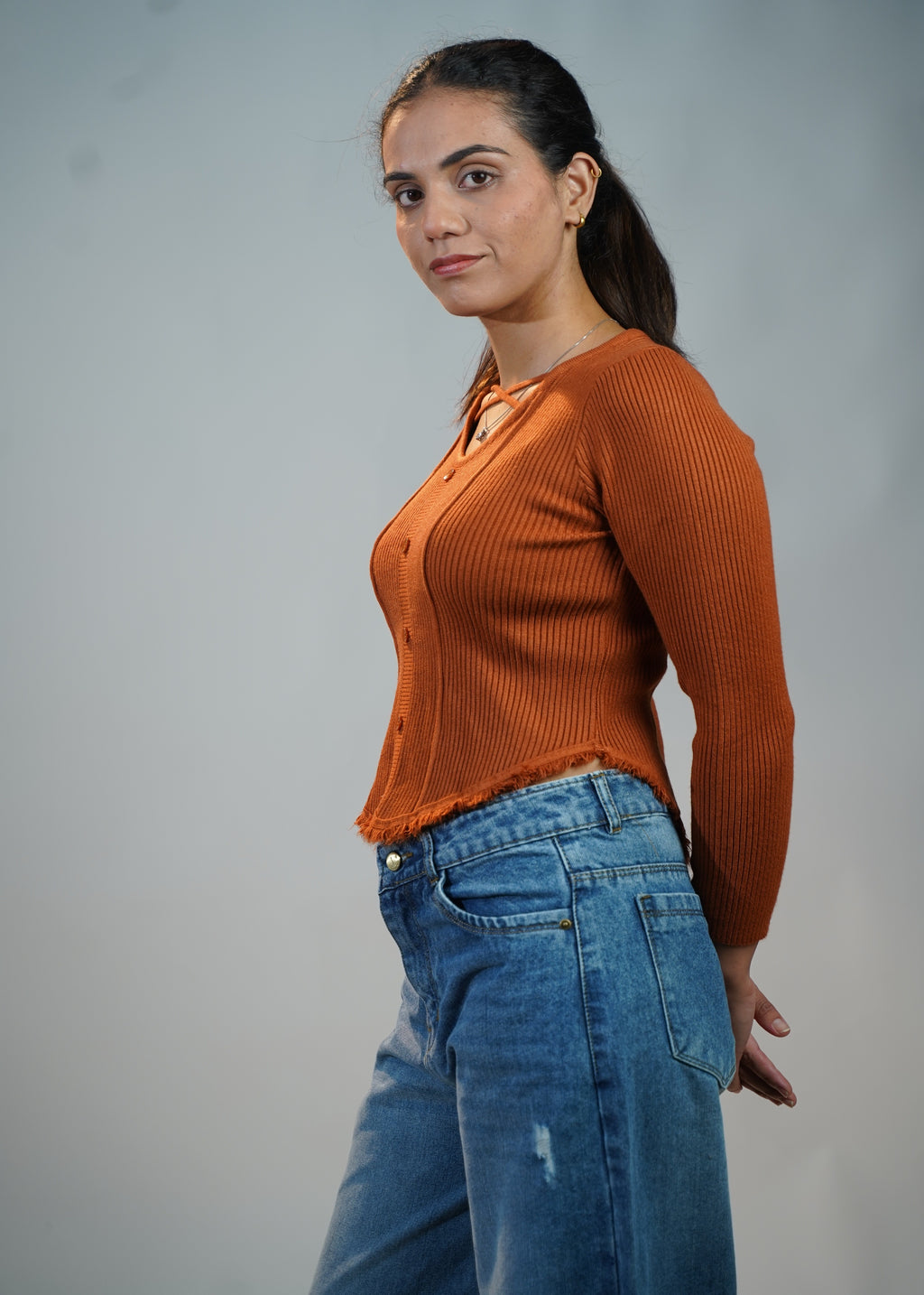 Criss-Cross Neck V-Hem Top Orange