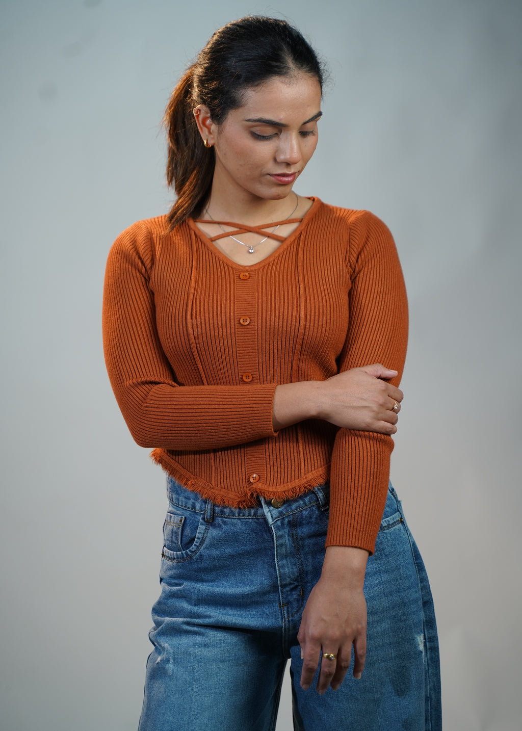 Criss-Cross Neck V-Hem Top Orange