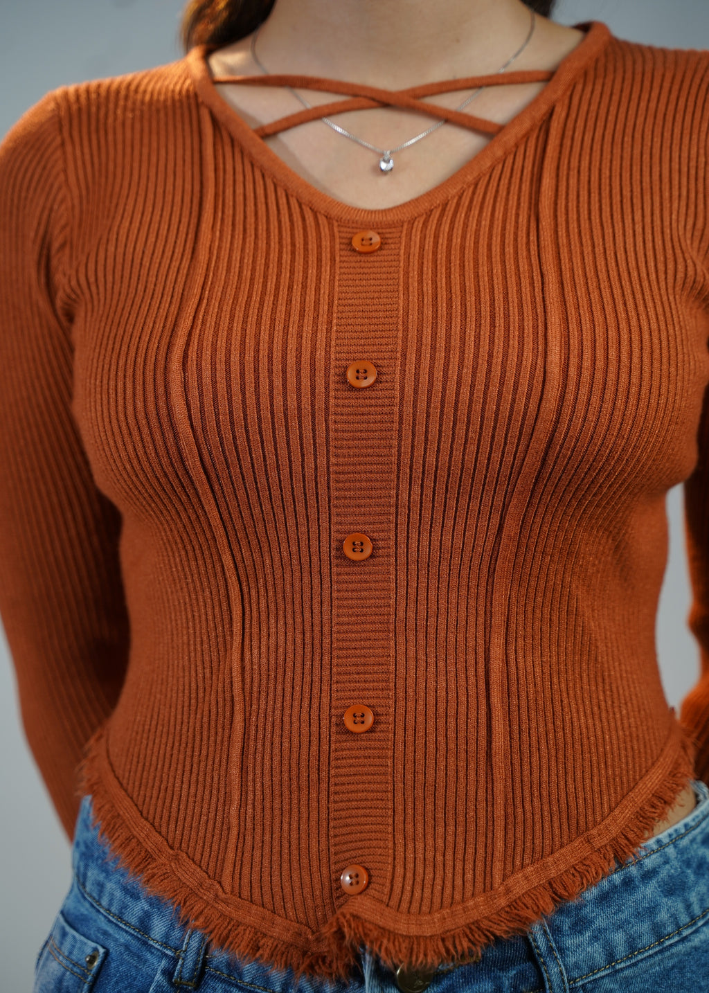 Criss-Cross Neck V-Hem Top Orange