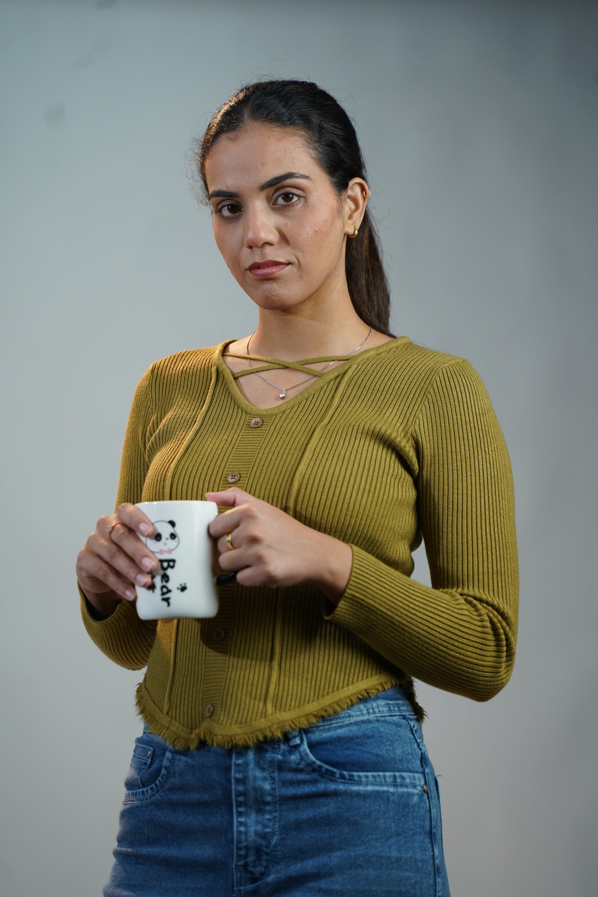 Criss-Cross Neck V-Hem Top Olive