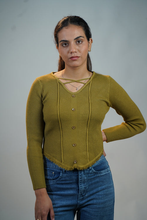 Criss-Cross Neck V-Hem Top Olive