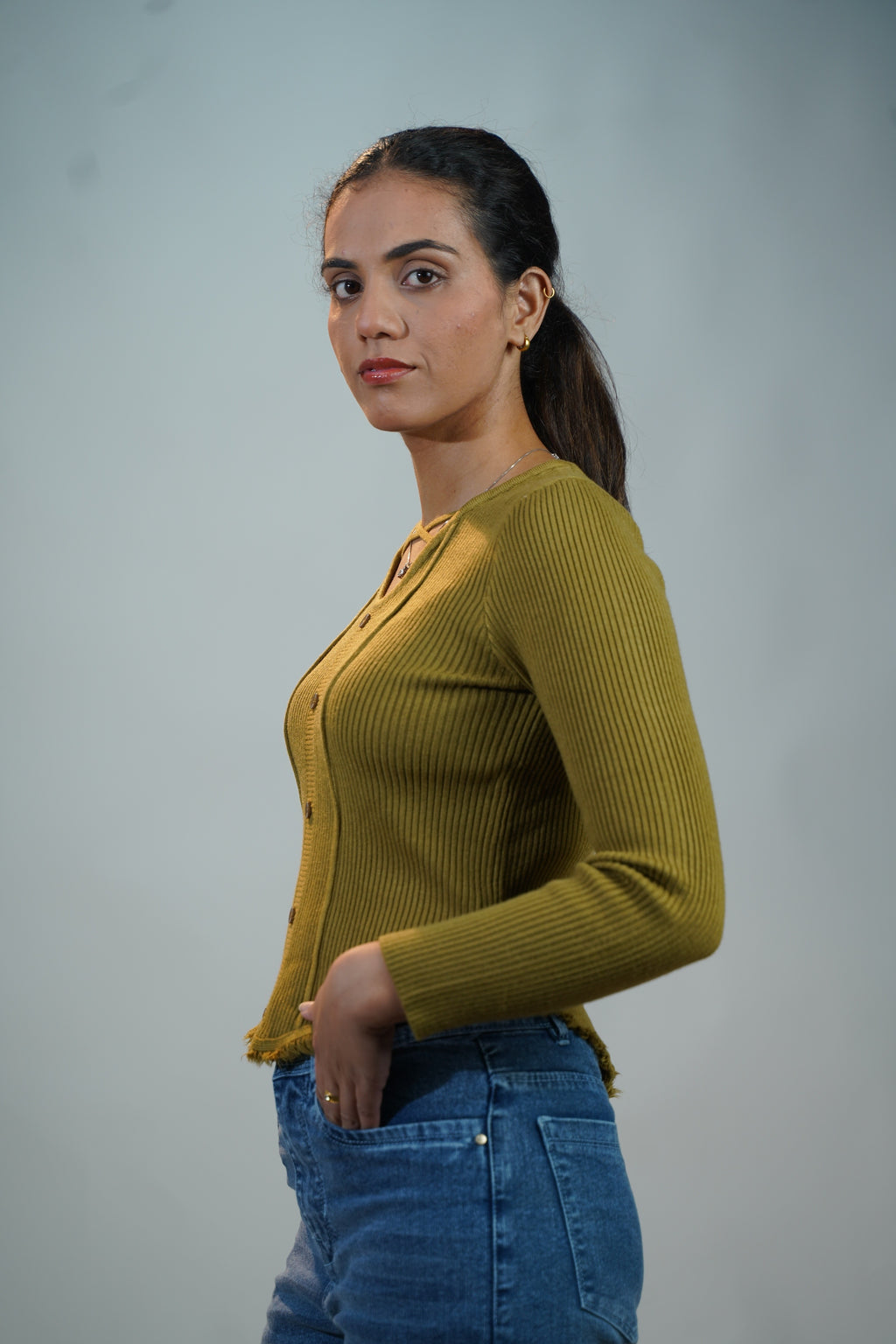 Criss-Cross Neck V-Hem Top Olive