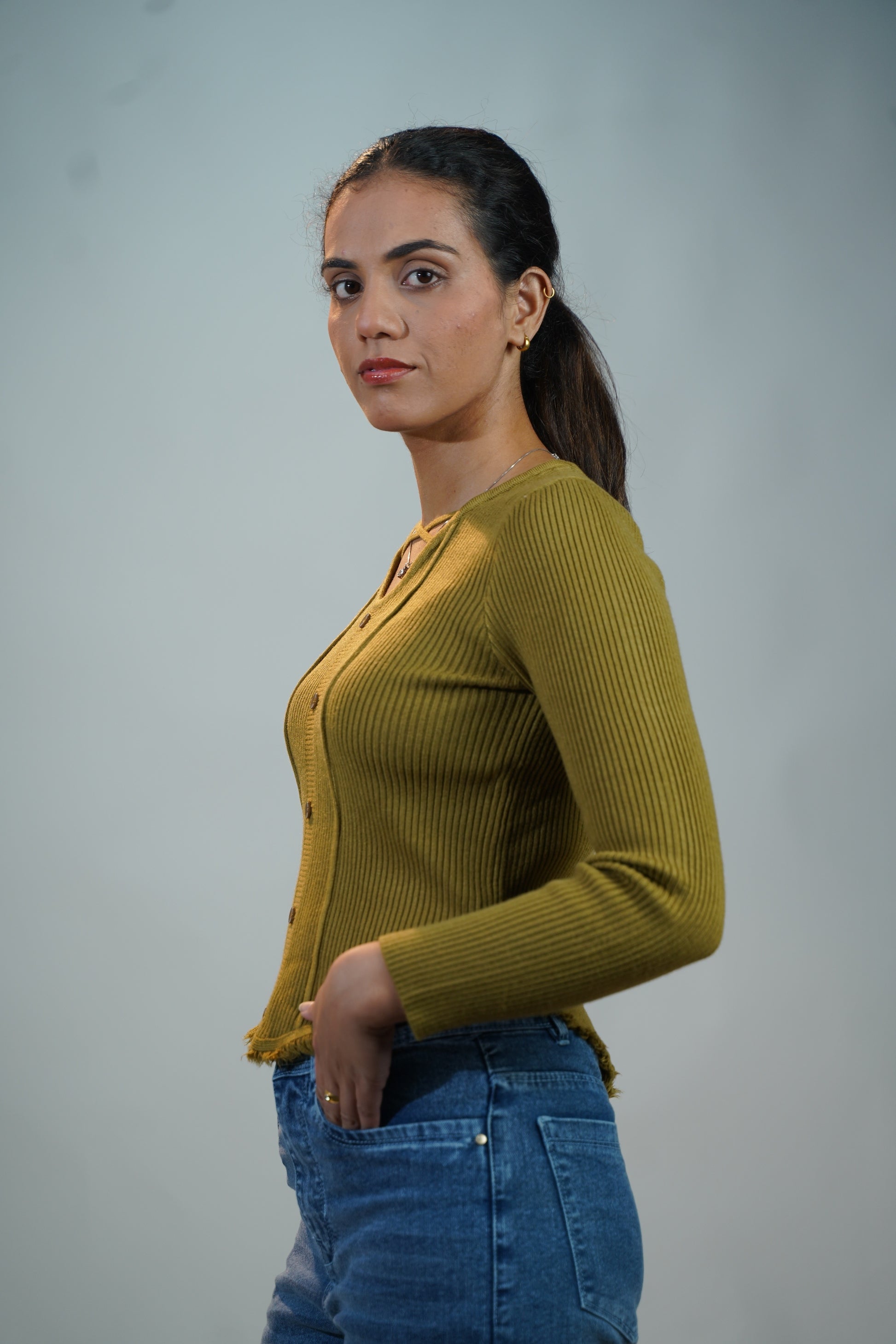 Criss-Cross Neck V-Hem Top Olive