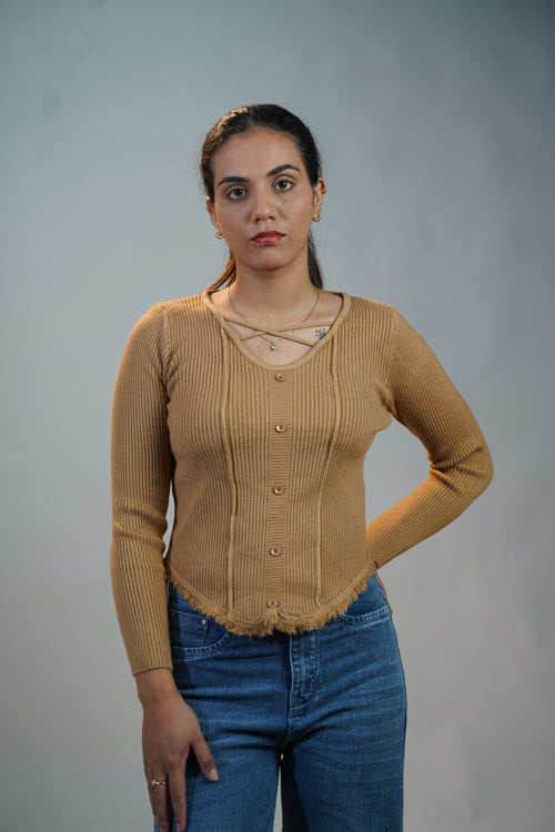 Criss-Cross Neck V-Hem Top Beige