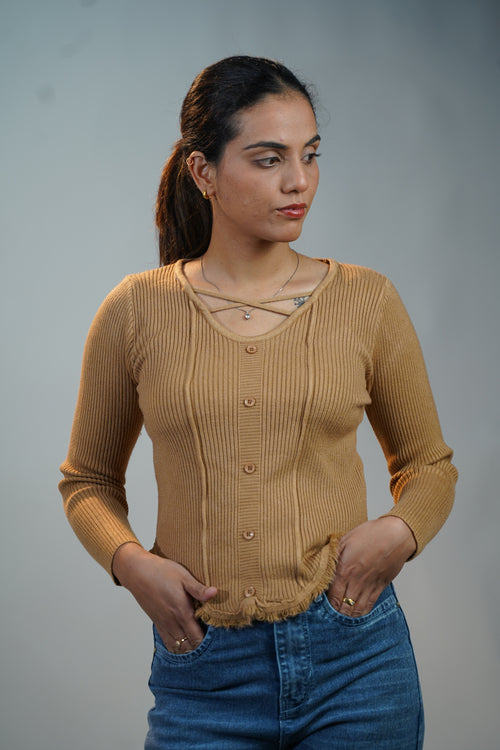 Criss-Cross Neck V-Hem Top Beige