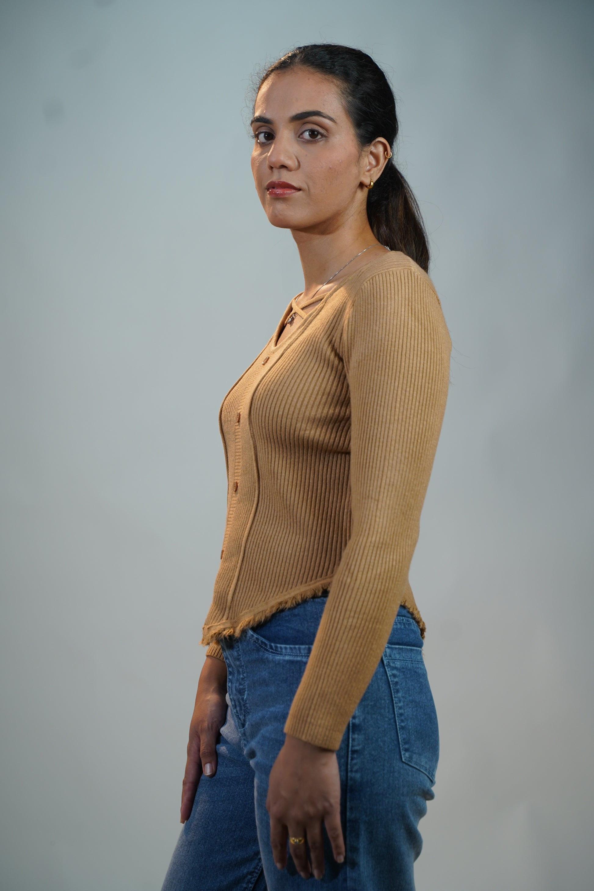 Criss-Cross Neck V-Hem Top Beige