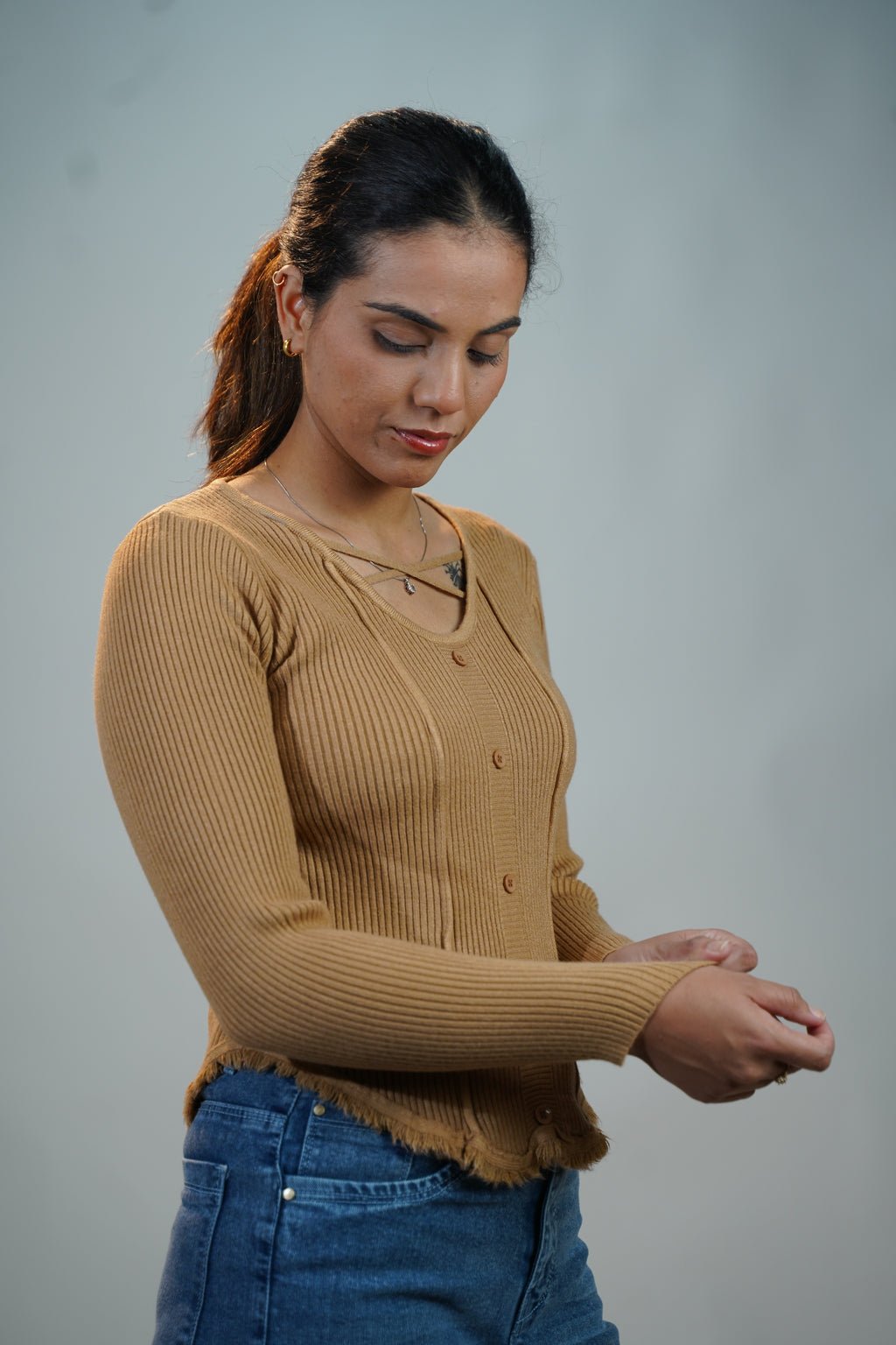 Criss-Cross Neck V-Hem Top Beige