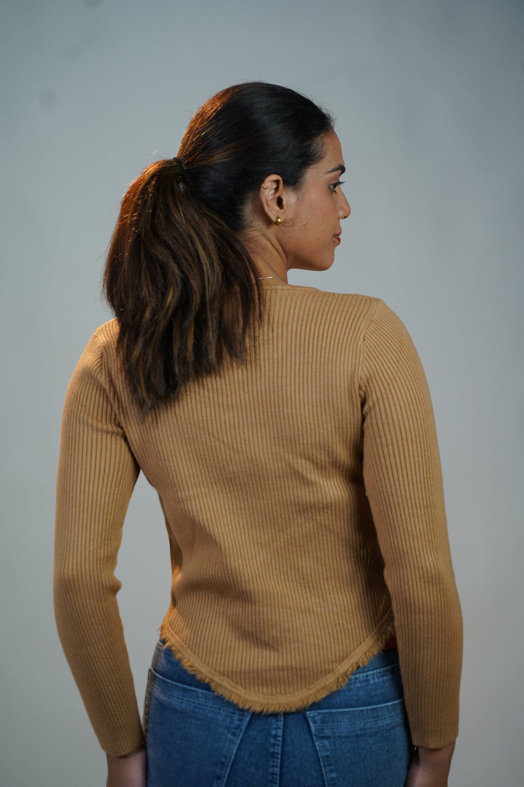 Criss-Cross Neck V-Hem Top Beige