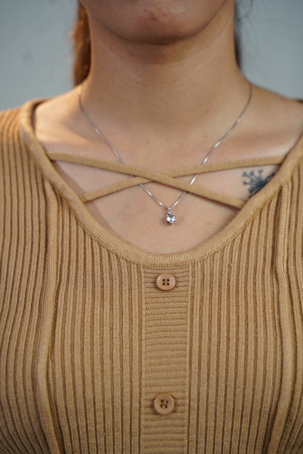 Criss-Cross Neck V-Hem Top Beige