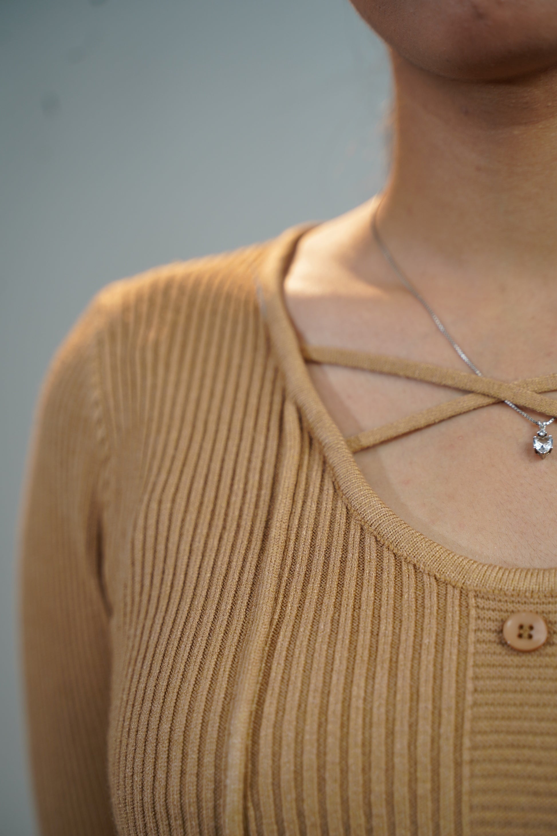 Criss-Cross Neck V-Hem Top Beige