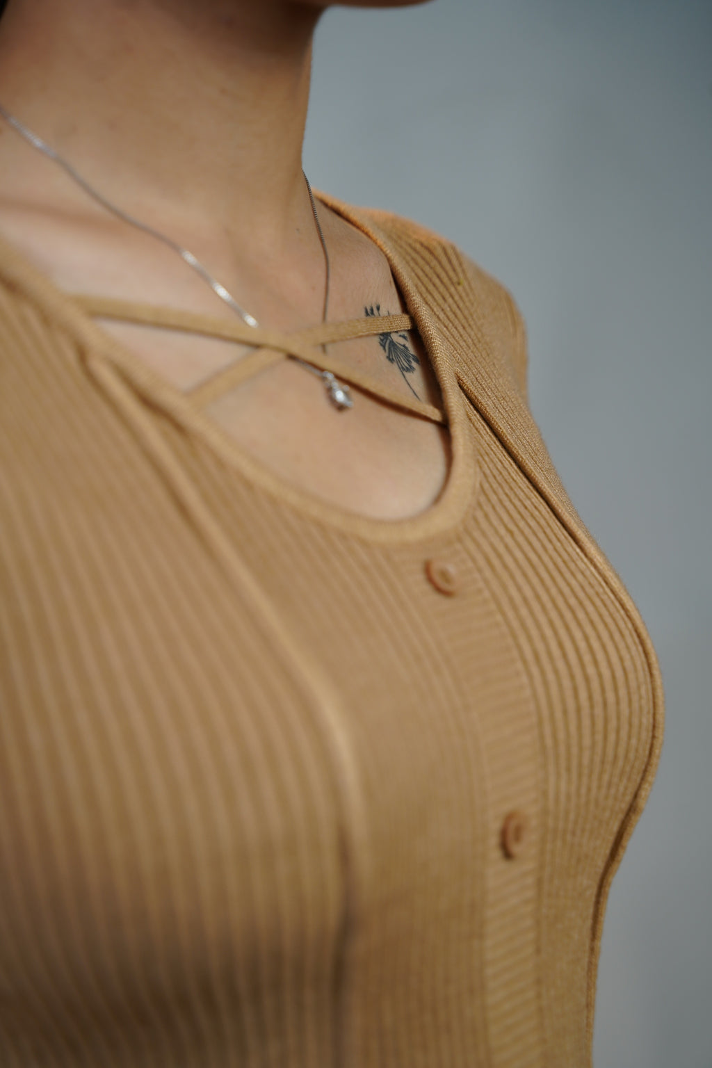 Criss-Cross Neck V-Hem Top Beige