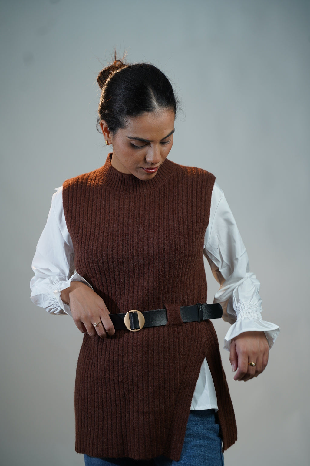 Two-Piece Sweater & Shirt Set Brown