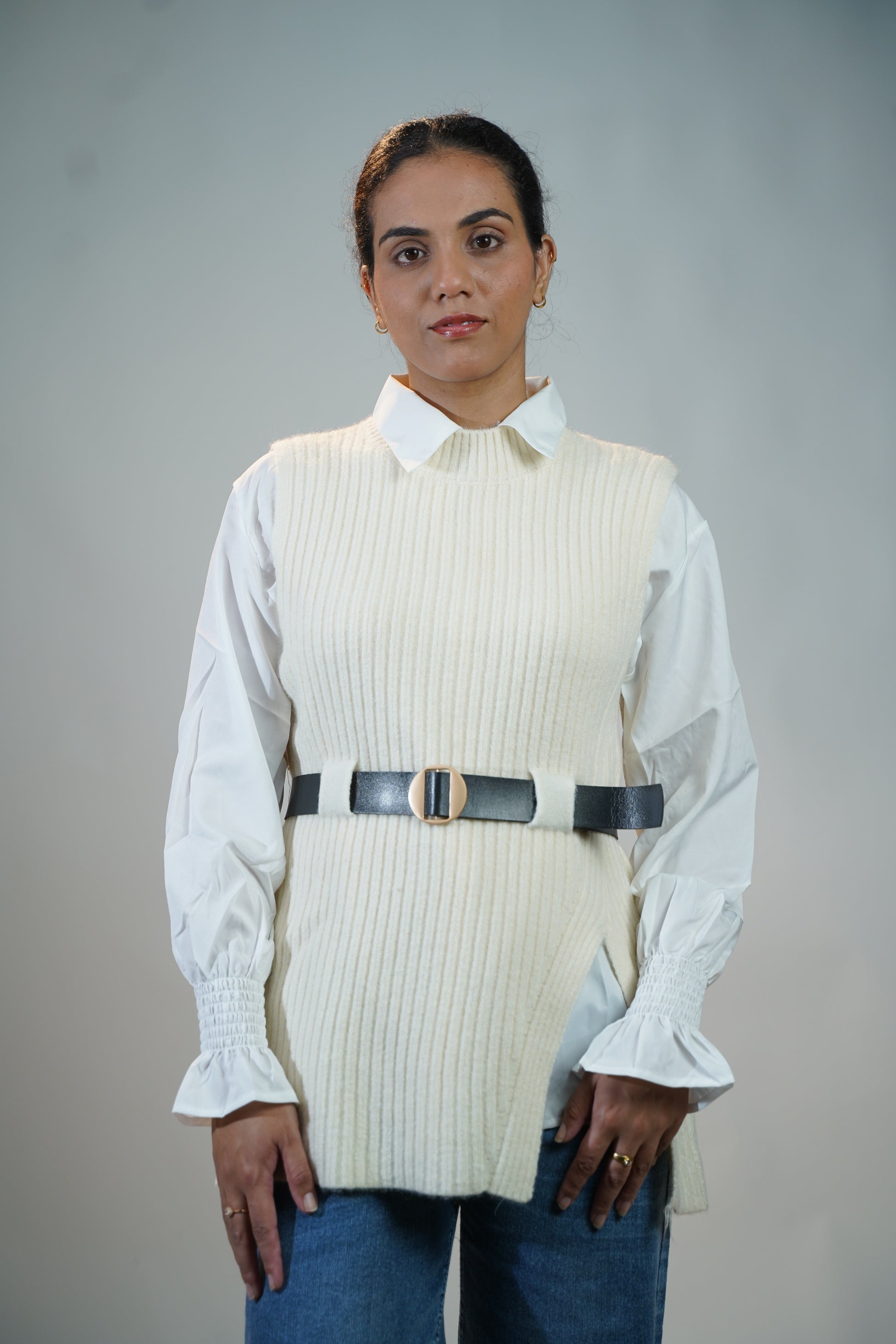 Two-Piece Sweater & Shirt Set White