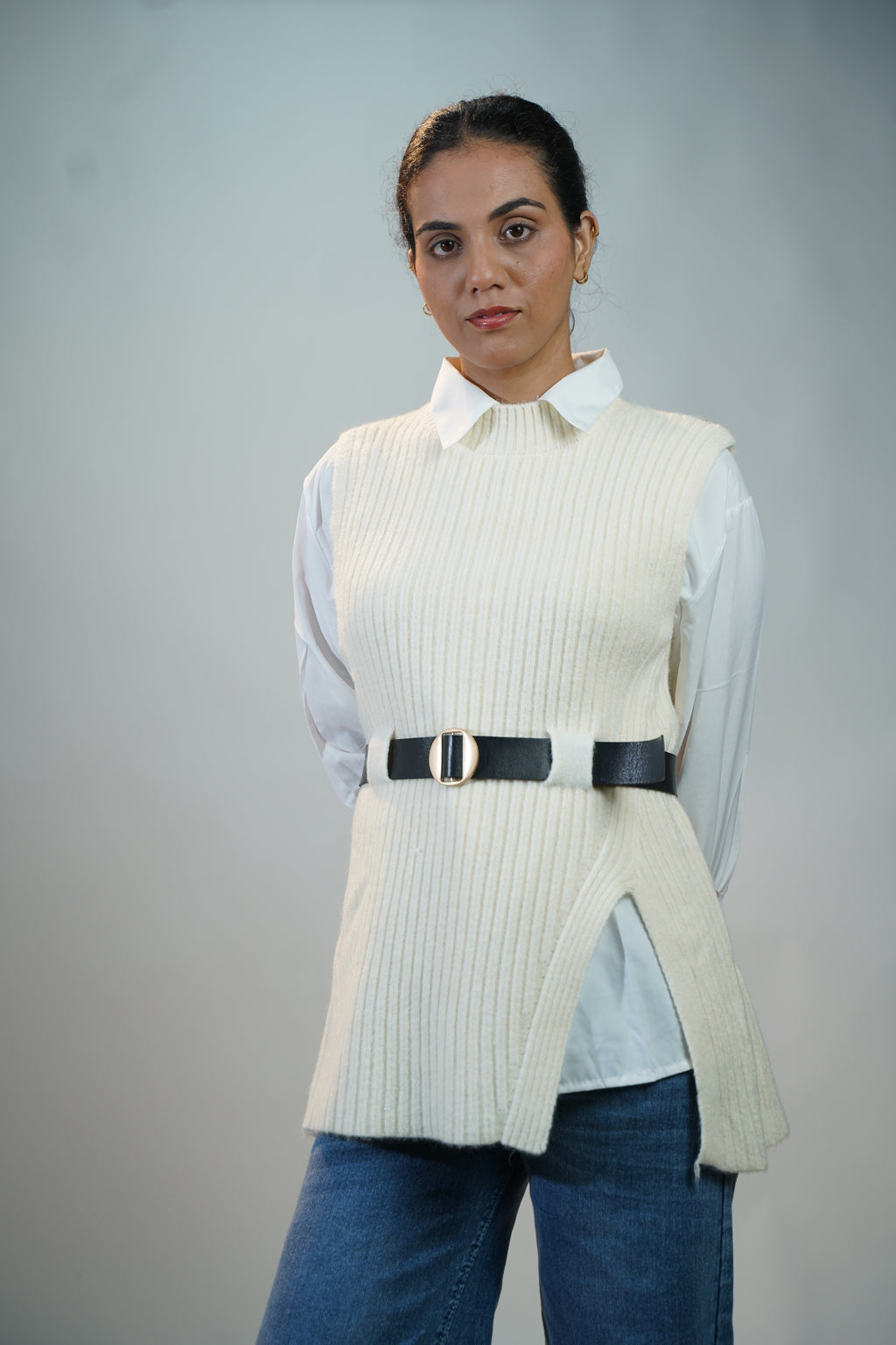 Two-Piece Sweater & Shirt Set White