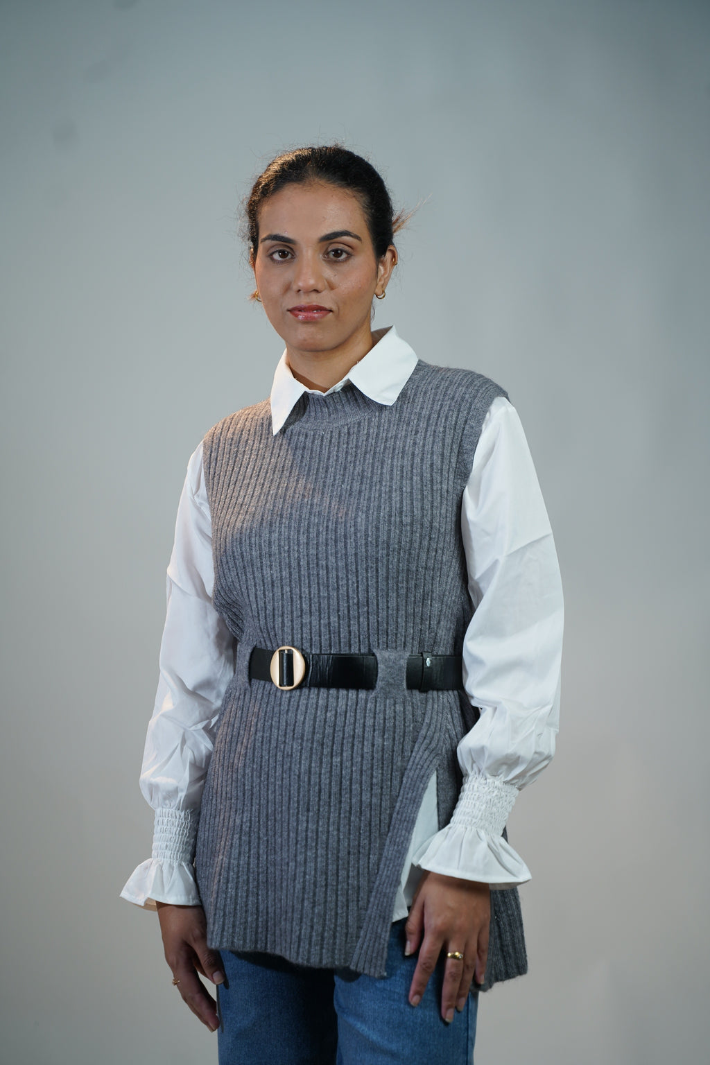 Two-Piece Sweater & Shirt Set Gray