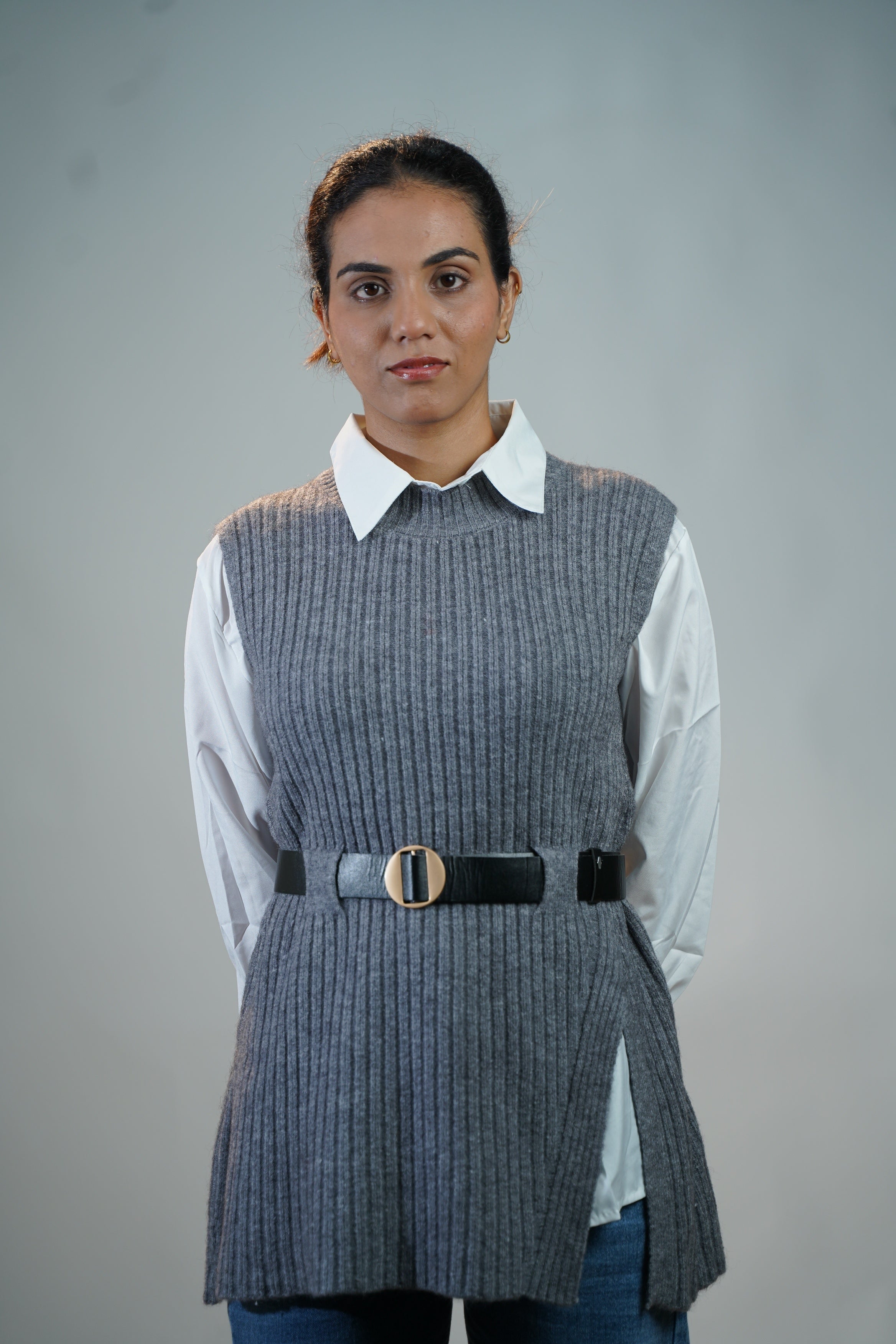 Two-Piece Sweater & Shirt Set Gray
