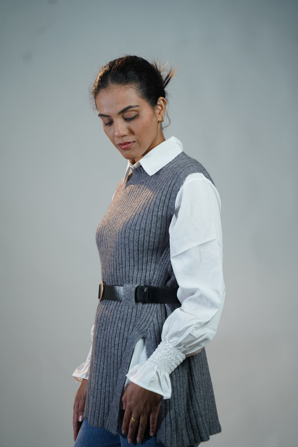 Two-Piece Sweater & Shirt Set Gray