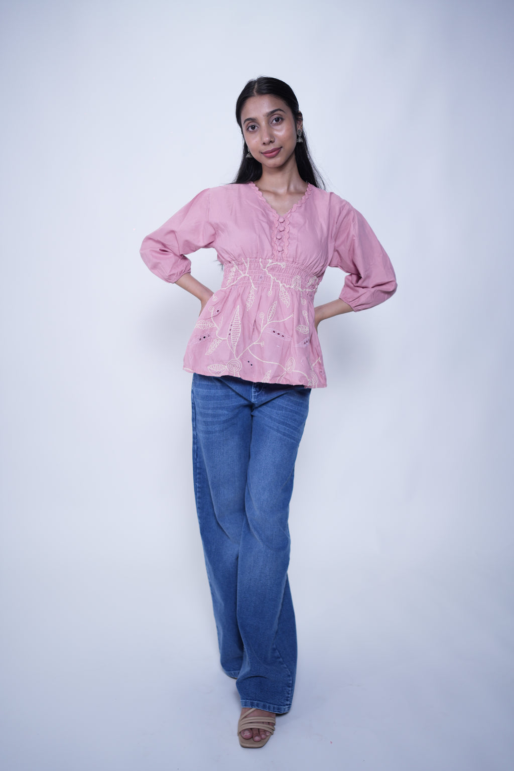 Peplum Top With Embroidery Pink