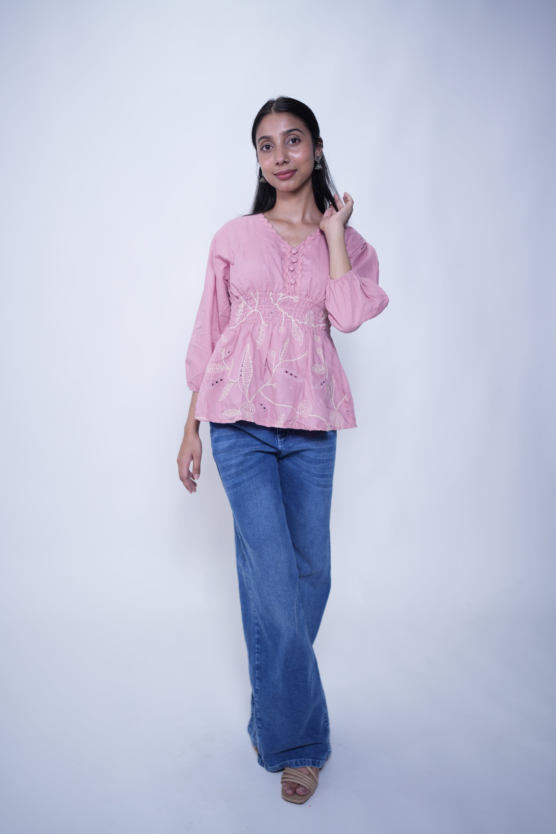 Peplum Top With Embroidery Pink