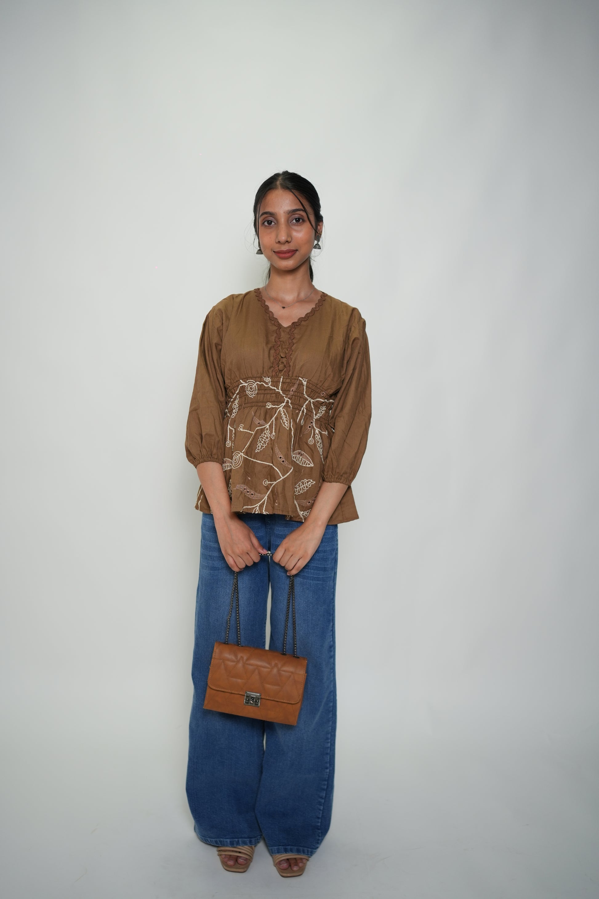 Peplum Top With Embroidery Brown